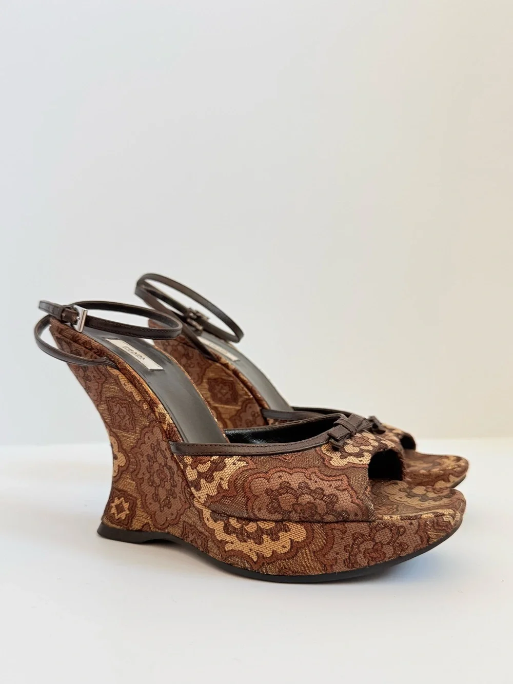 Prada Y2K Brocade Tapestry Wedge Sandals Brown Gold Jacquard Platform Heels 38